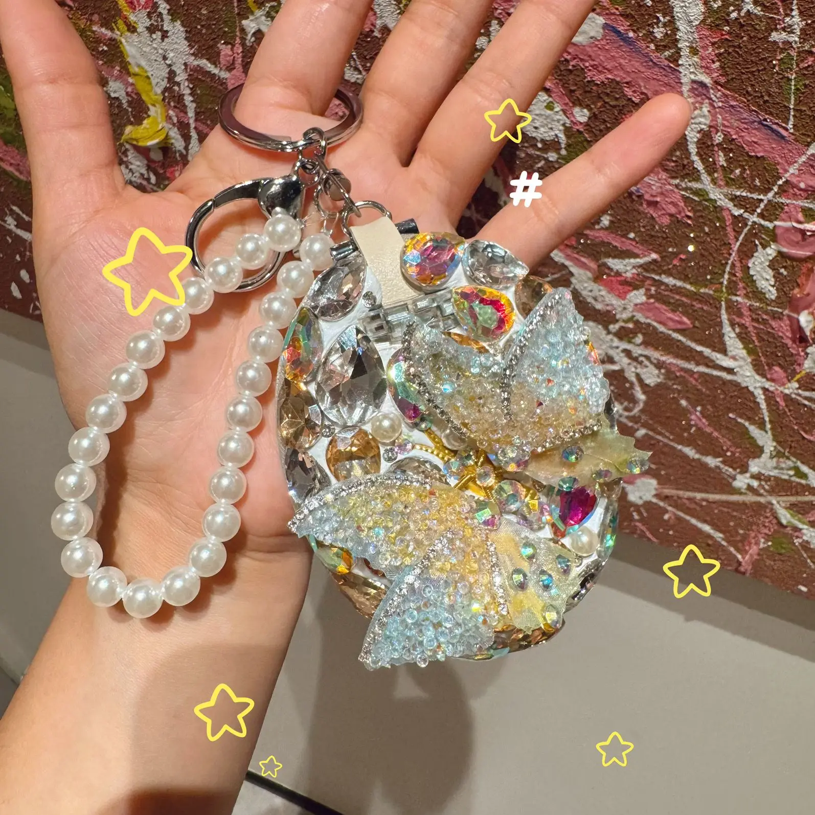Bling Diamond Makeup Mirror Butterfly Double Sided Folding Portable Mirror Car Keychain Makeup Mirror With Pearl Chain Pendant