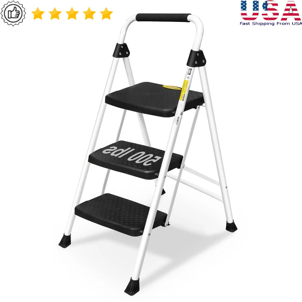 3-Step Folding Steel Step Stool Handle Non-Slip Kitchen Household 500lbs Capacity Wide Usage Convenient Storage Adults Climbing