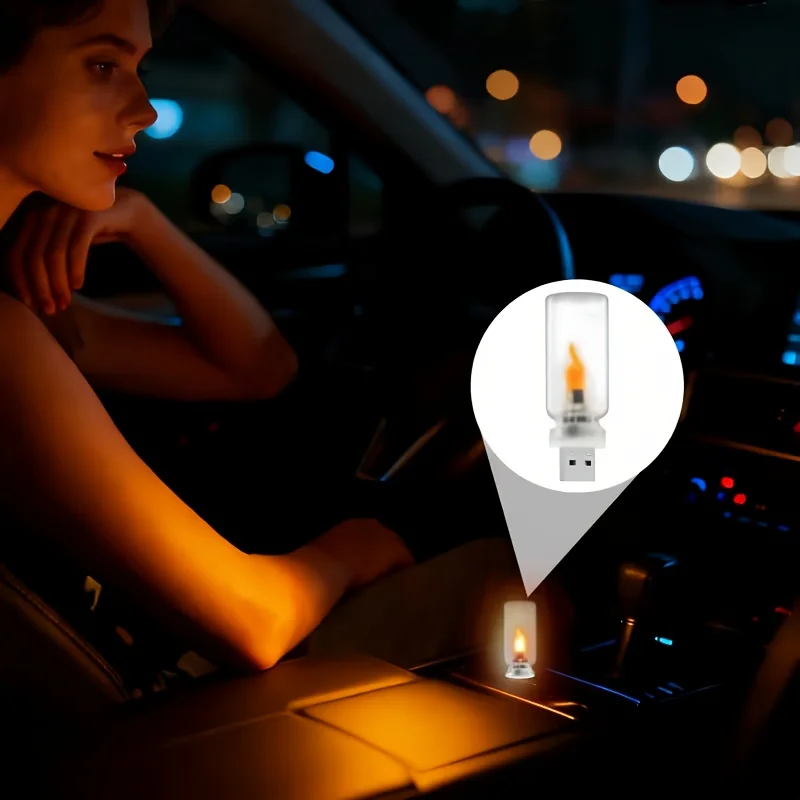 Luz Noturna USB LED Tipo Chama com Vidro Fosco Transparente, Luz Dinâmica Cintilante para Iluminação de Ambiente em Carros e Lâmpada para Casa