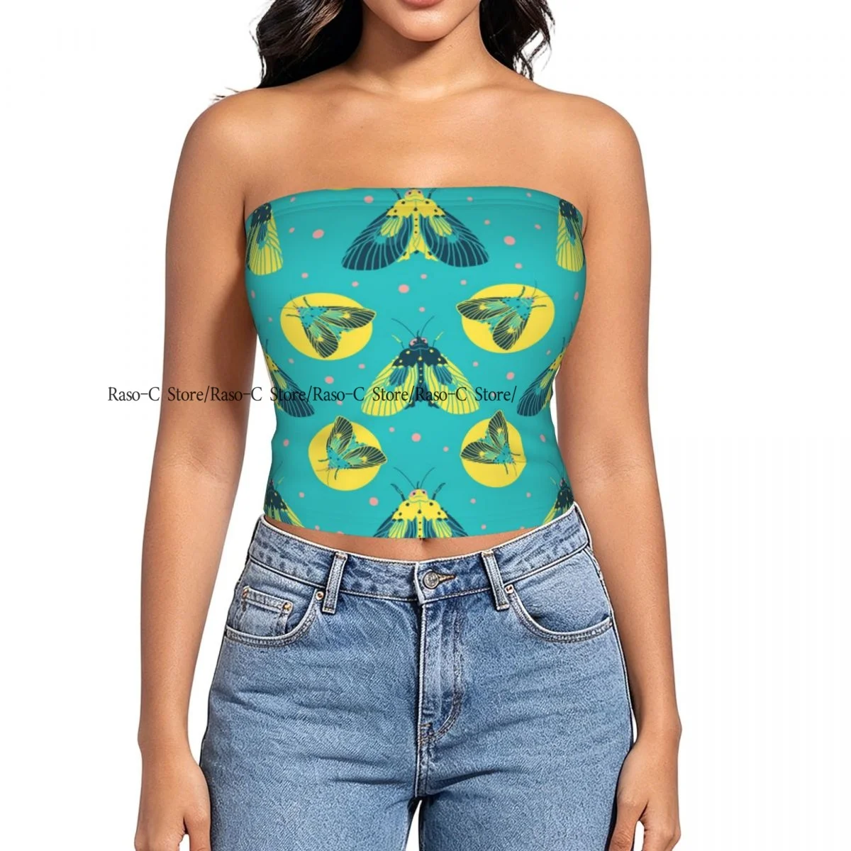 Women strapless blouses sleeveless Turquoise Moths With Circles And Dots halter-neck sexy short-sleeved blouses