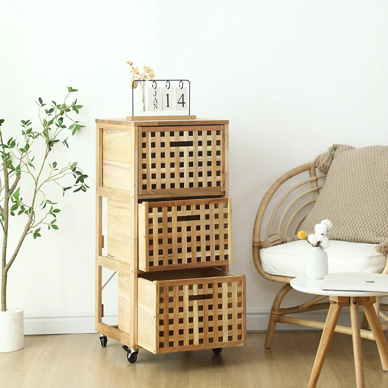 Simple modern bedroom with wheels small cabinet, three-drawer storage cabinet, wooden chest of drawers, living room