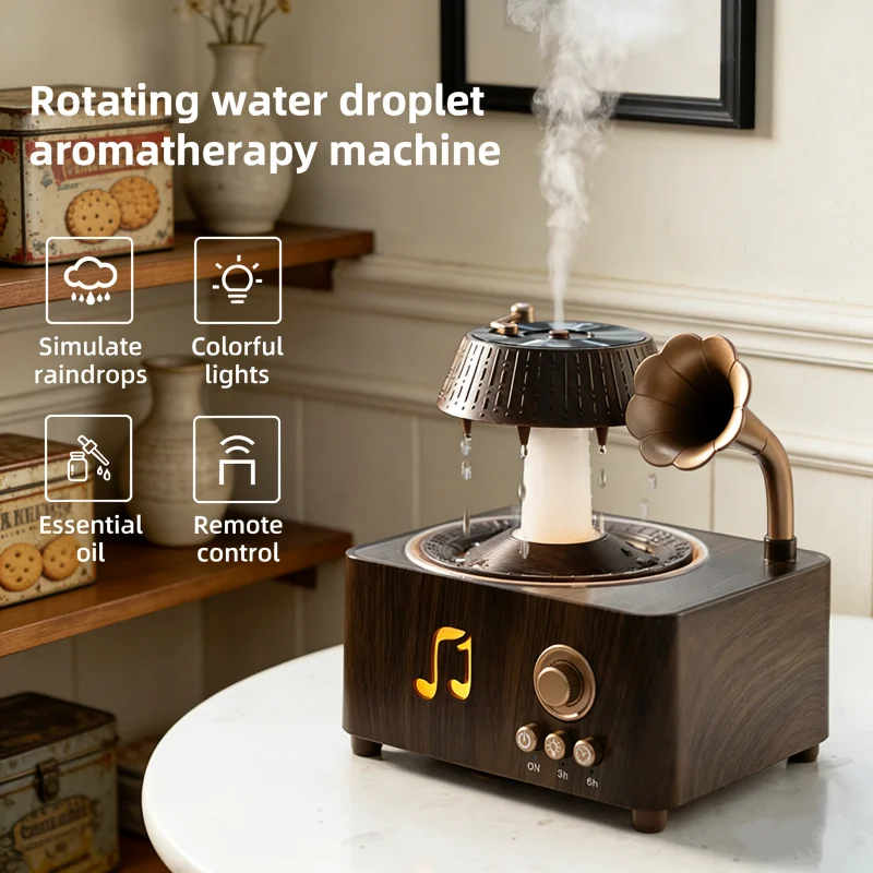 

Ароматерапевтический увлажнитель-спрей с пультом ДУ, 7-цветной подсветкой и дизайном в стиле винтажного граммофона с эффектом дождя для спальни