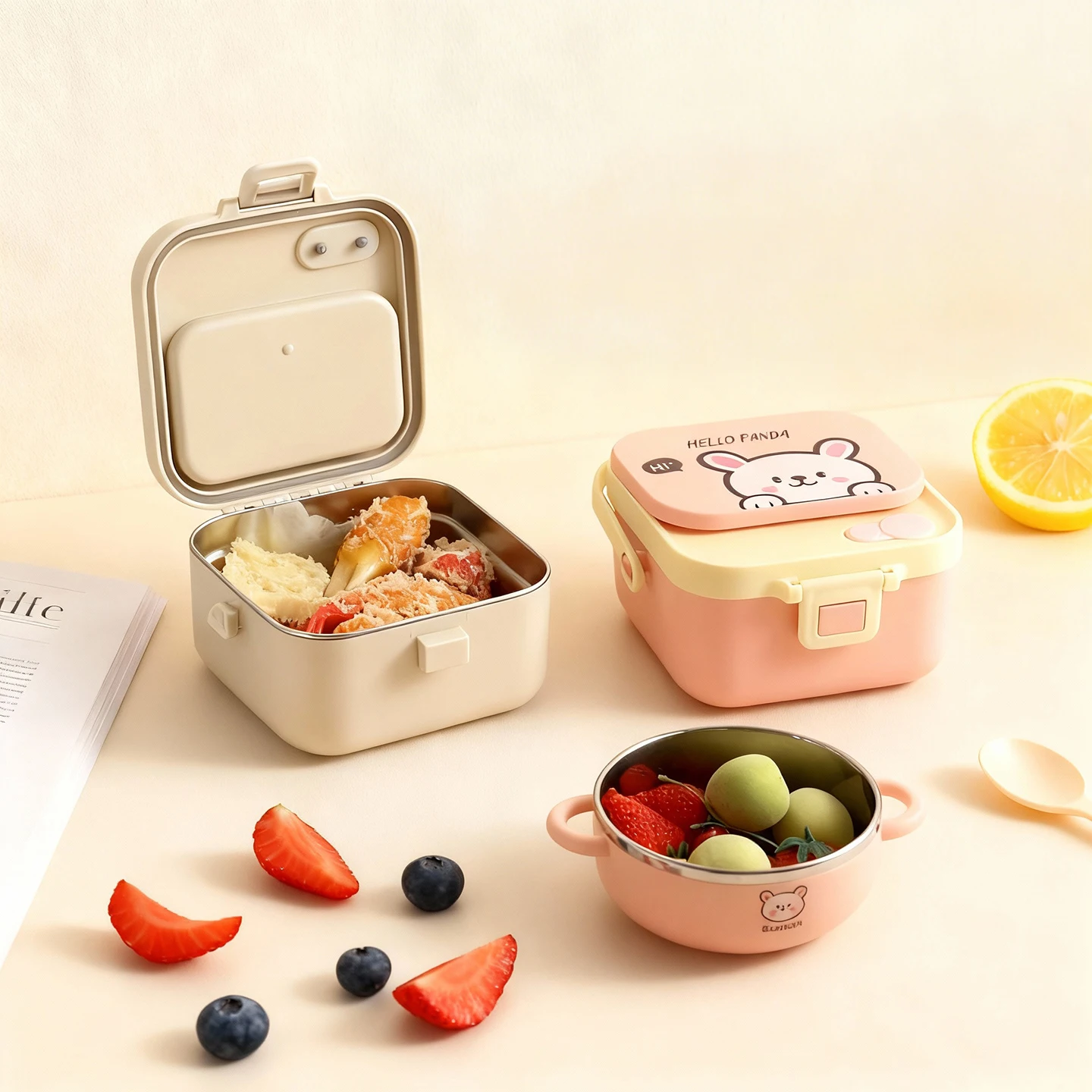

800ML Cartoon Square Children's Lunch Box With Cutlery&Handle Portable Sealed 304 Stainless Steel Lunch Container Microwave Safe