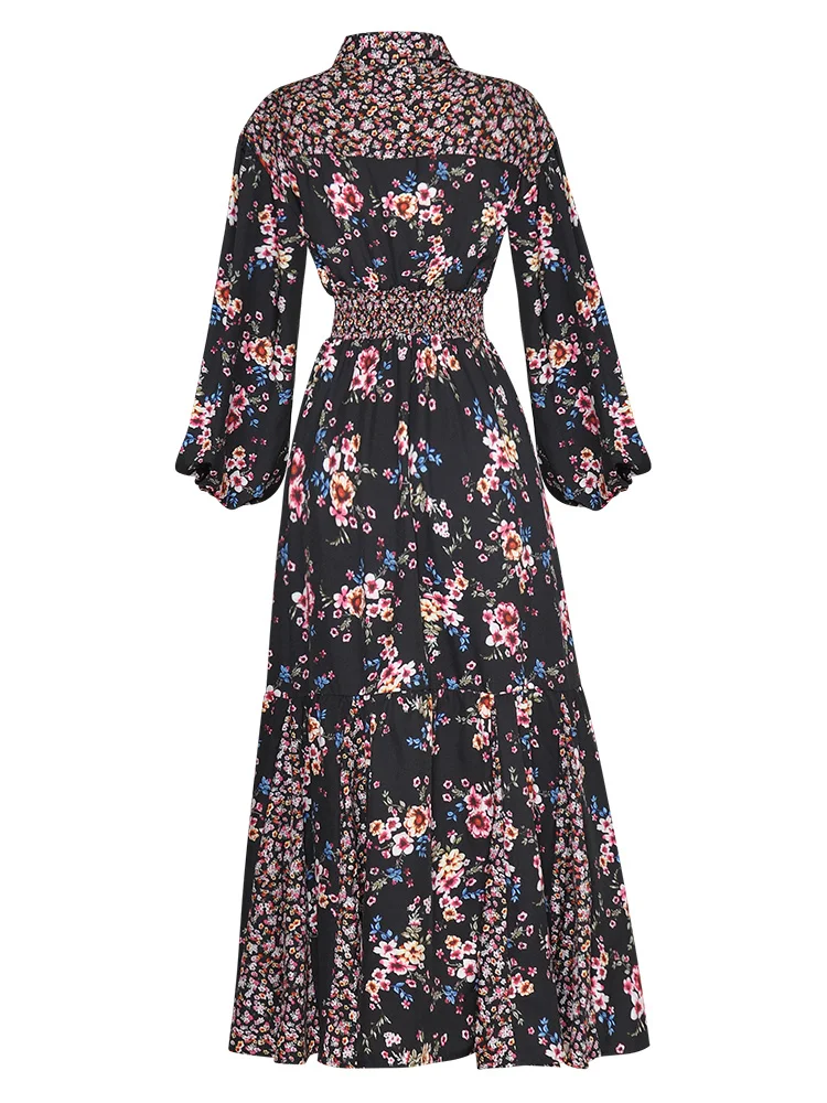 New Fashion Designer Spring Women Turn-down Collar Elastic Waist Flower Print Vintage Party Dresses