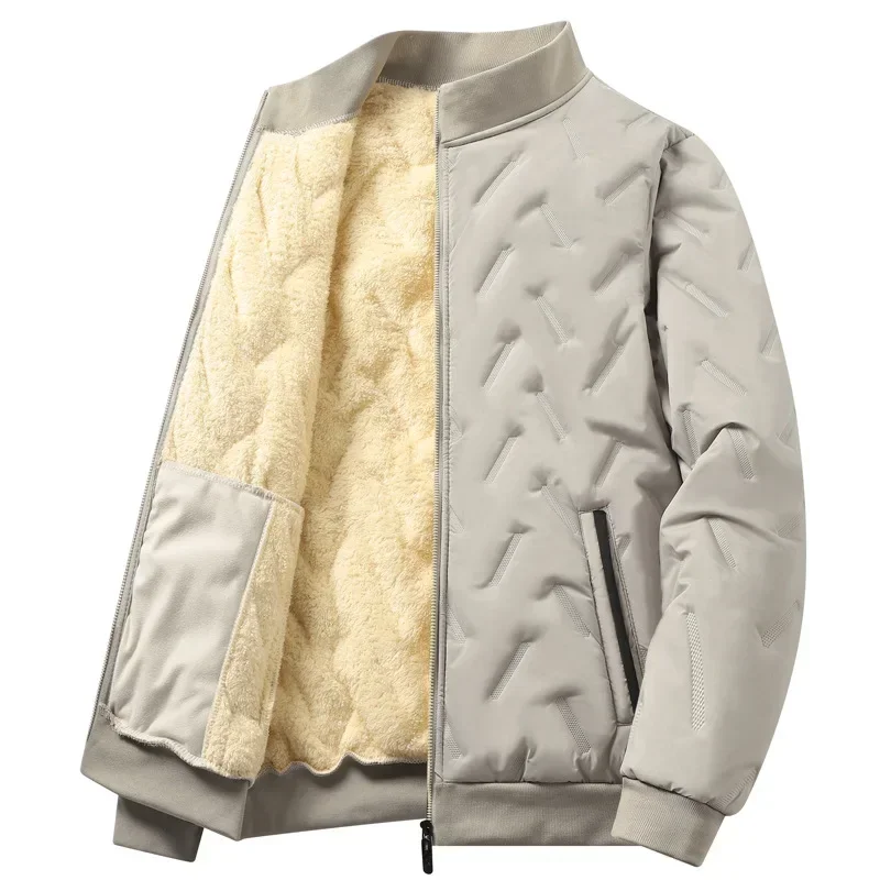 

Lamb Velvet Thickened Men's Cotton Jacket Winter Warm Coat Fleece Lined Stand Collar Overbust Style for Middle-Aged And Elderly