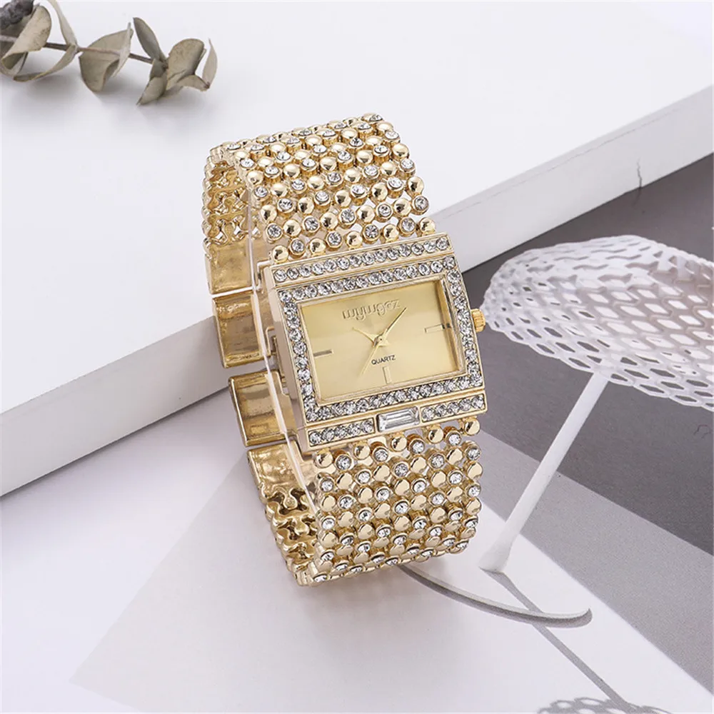 Luxury Simple Square Diamond Encrusted Women\'s Quartz Watch Gold Skeleton Fashion Women\'s Clock Gift Dress Wristwatch