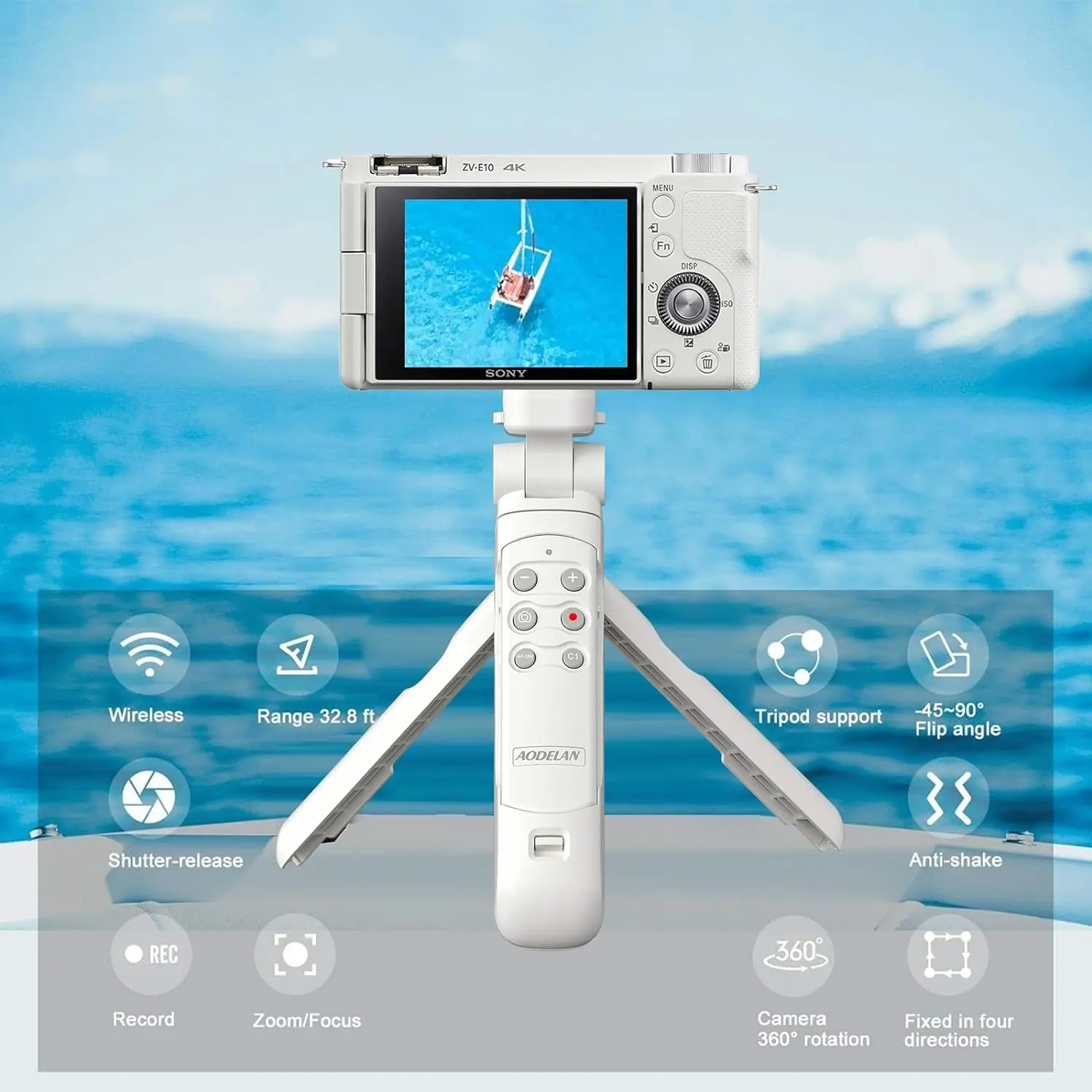 White Wireless Shooting Grip Tripod with Remote Control for Vlogging for Sony ZV-E10 ZV-1 a6100 a6400 a6600 a6700 a7III a7C a7CR