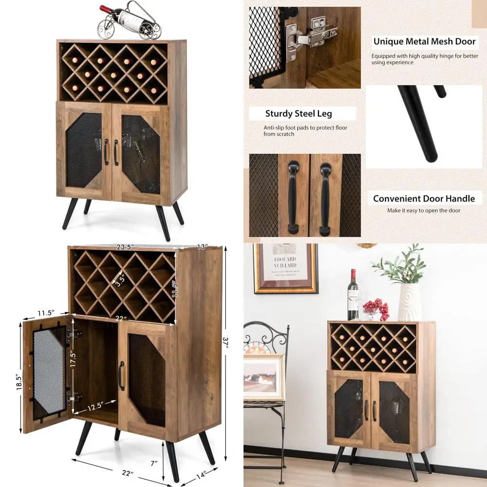 خزانة النبيذ والبوفيه الريفي مع رف تخزين 11 زجاجة وتصميم مضاد للطرف #1