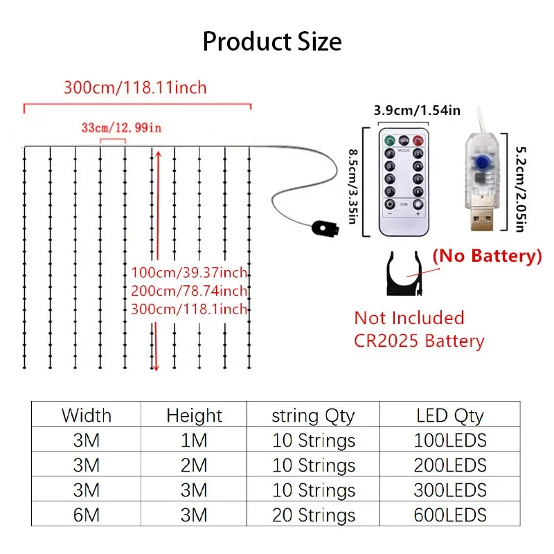 LED Curtain String Lights Christmas Garland Decor Fairy Light 8 Modes USB Remote Control Wedding Holiday Party for Bedroom Home