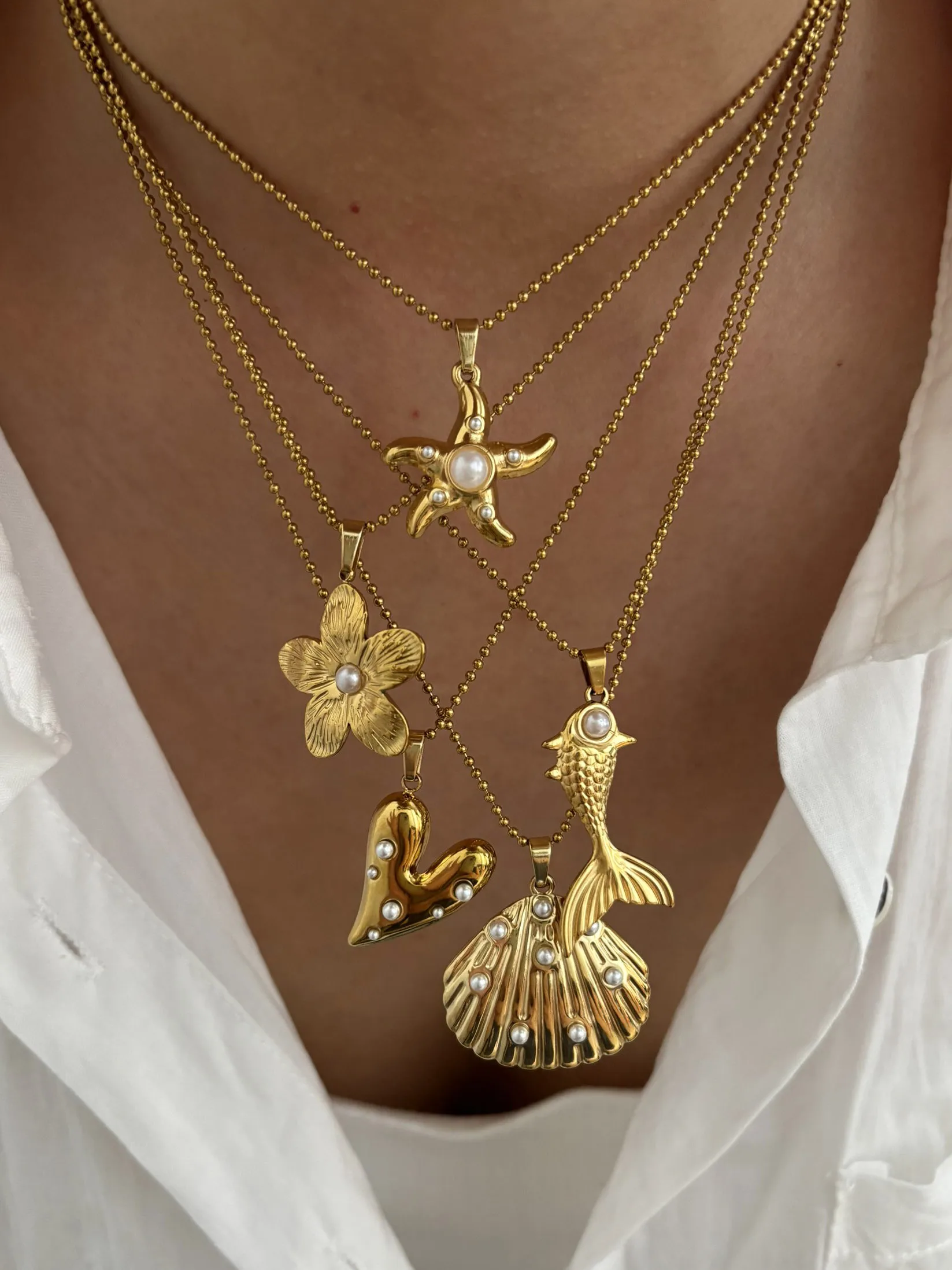 Peri'sbox 18K Gold-plated Imitation Pearl Marine Creature Flower Heart Pendant Necklace Women's Retro Exquisite Sweet Bead Chain
