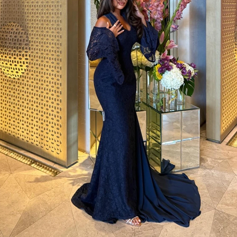 

Elegant Halter Evening Dress Customized Sweetheart Neck Long Sleeves Navy Lace Evening Gowns Mermaid Long Formal Party Dresses