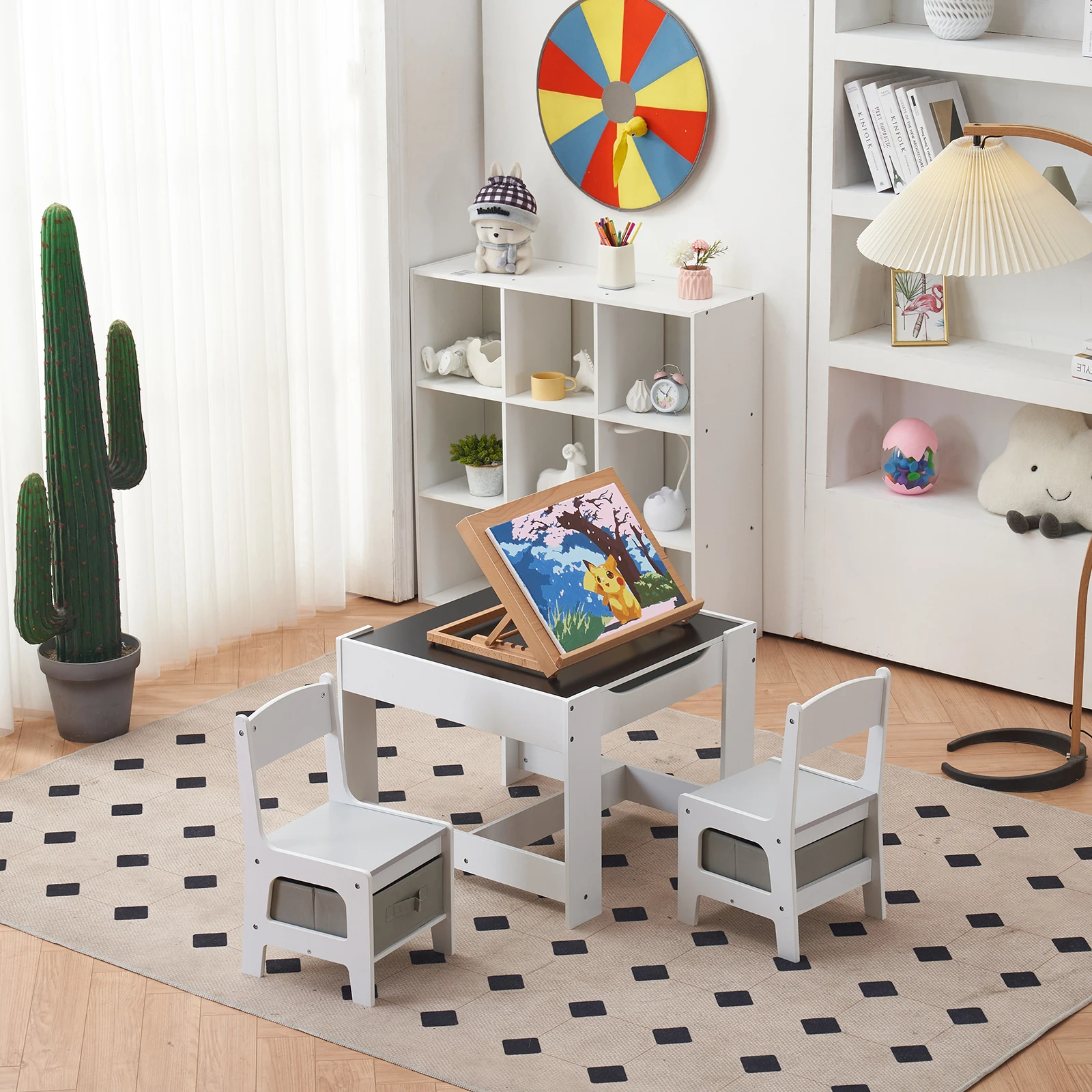 Children's Wooden Table And Chair Set With Two Storage Bags (One Table And Two Chairs) Grey And White