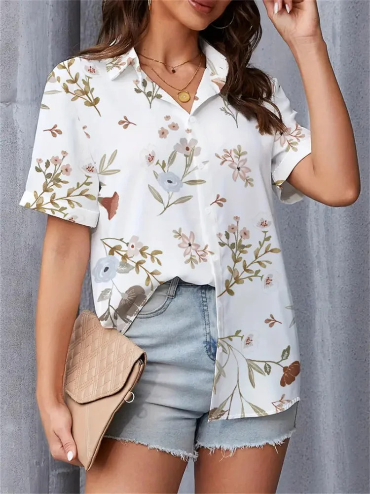 قميص نسائي صيفي 2025 بأكمام قصيرة مع طباعة مجد الصباح الوردي، عطلة صيفية عصرية وغير رسمية