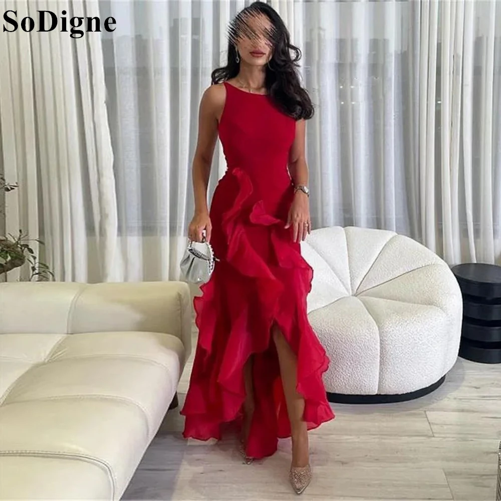 

SoDigne Sexy Red Evening Dresses Strapless Mermaid Ruched O-Neck Ruffles Backless Gala Party Dress 2024 Prom Gowns for Women