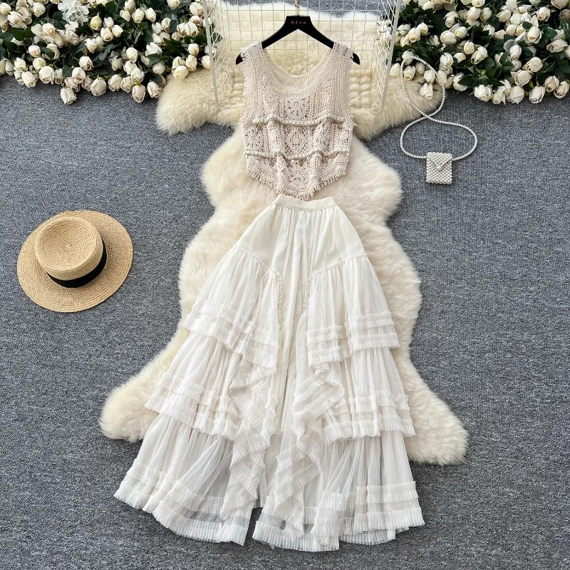 

Casual Loose Beach Skirt Set Women Retro Hollow Hook Flower Knitted Tassel Vest+High Waist Irregular Maxi Mesh Skirt 2-piece Set