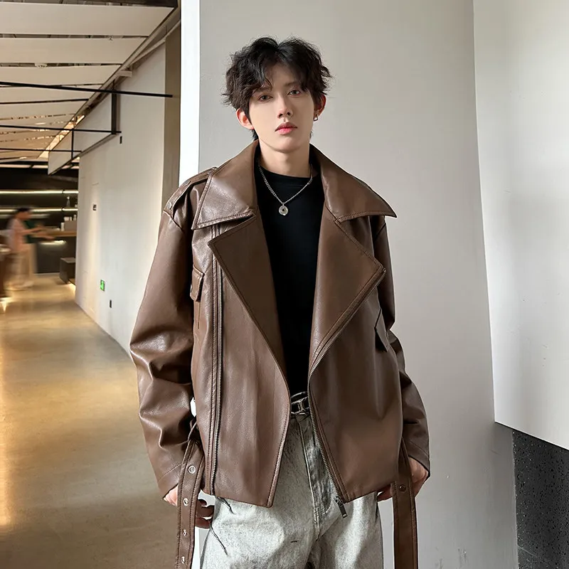 

Retro Chic Brown Biker Leather Jaet Men's ort Coat Casual Faion Urban Sle Windproof PU Leather Zipper Sve Long Coat
