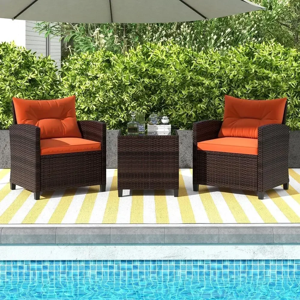 3-Piece Outdoor Wicker Patio Furniture Set with Cushions, Orange, for Balcony, Deck, or Garden