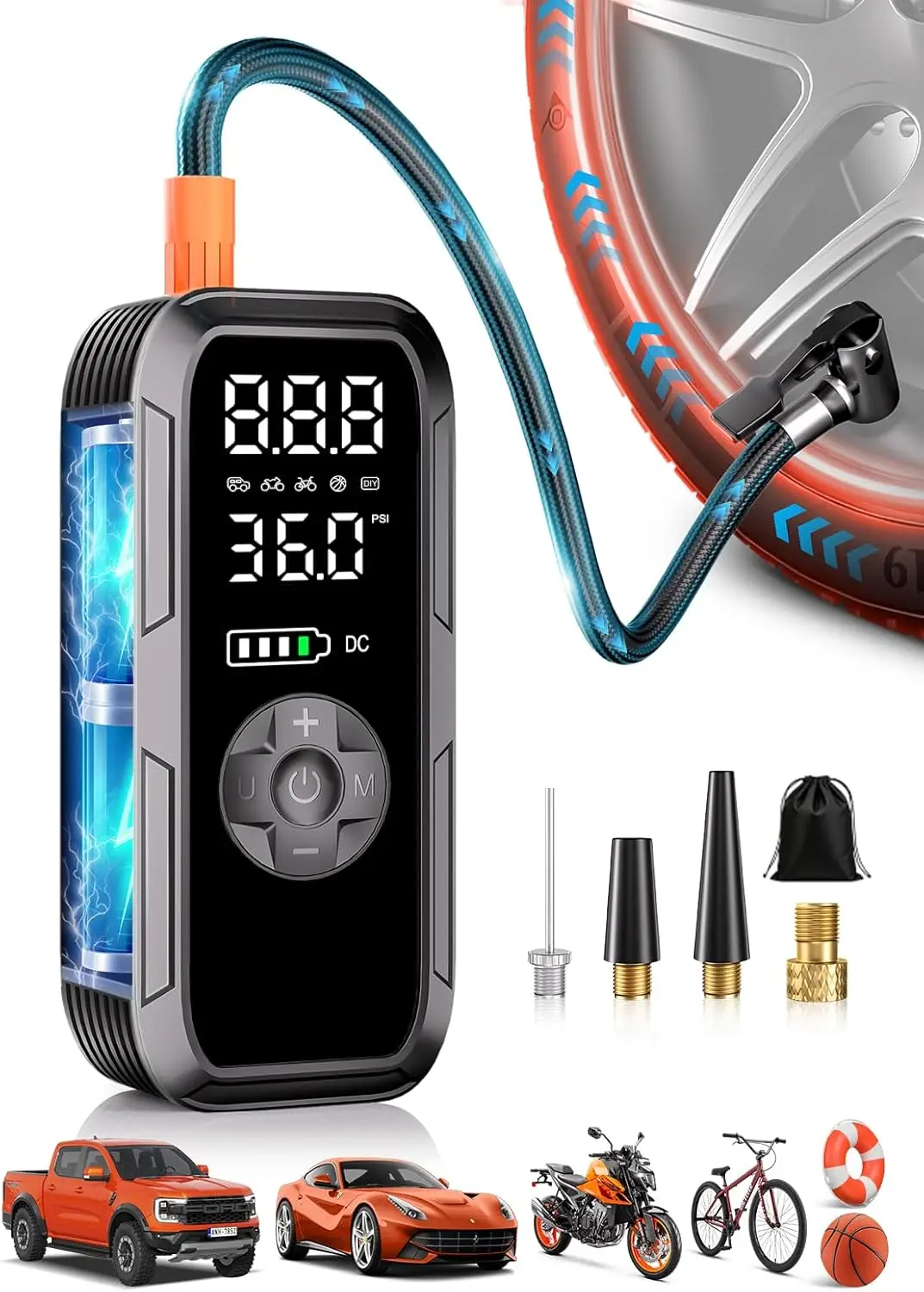 

Portable Cordless Air Compressor 150 PSI for Car Tires, Auto Shut-Off, LCD Display & LED Light