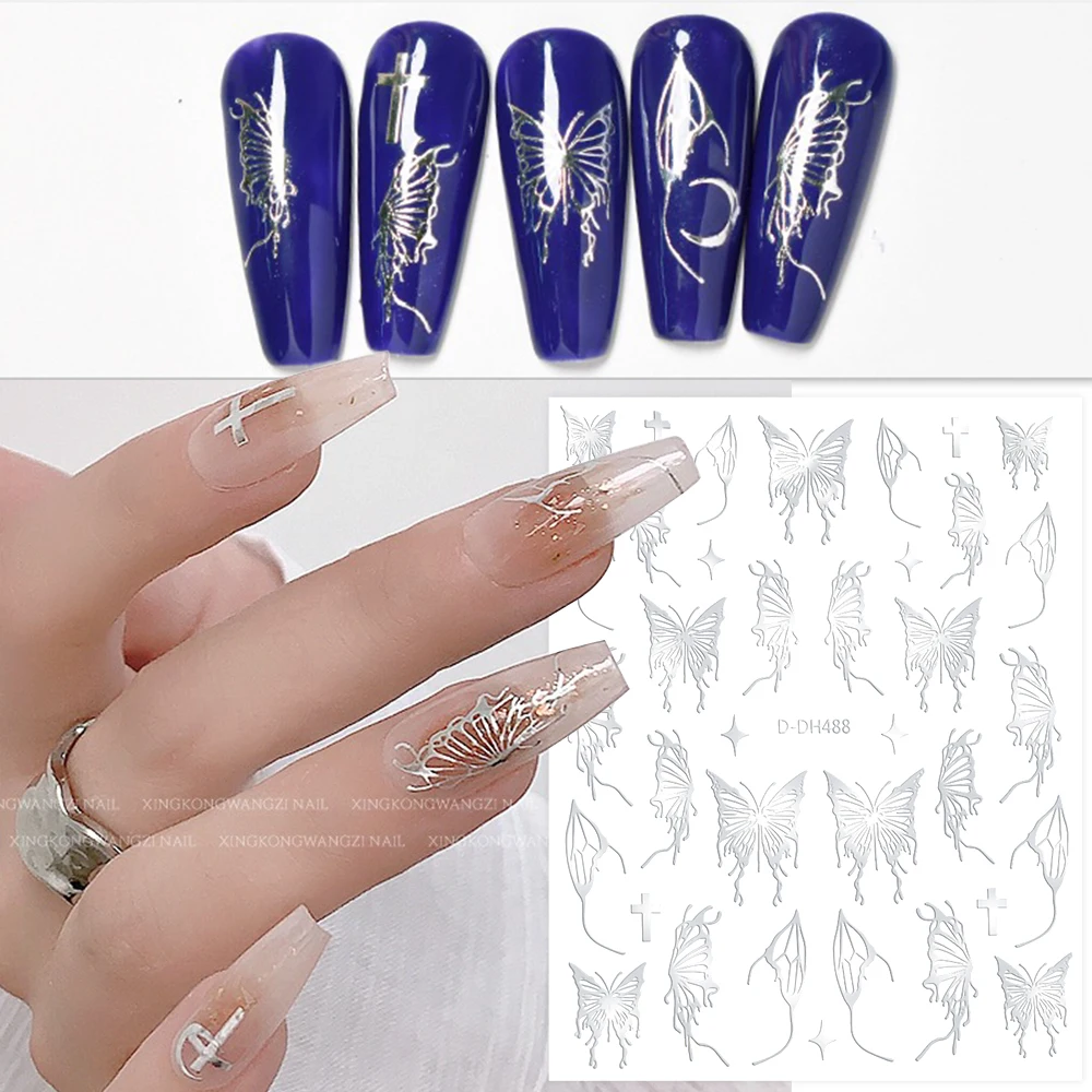 1pc adesivo per unghie farfalla bianca nera Y2K abbronzante oro argento farfalla adesivo decalcomanie cursori per nail art decorazione manicure