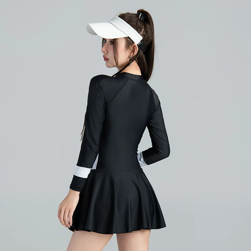 Women One Piece Swimsuit Korea Athletic Sun Protection Beach Dress Swimwear Long Sleeve Quick-Drying Black Bathing Surfing Suits