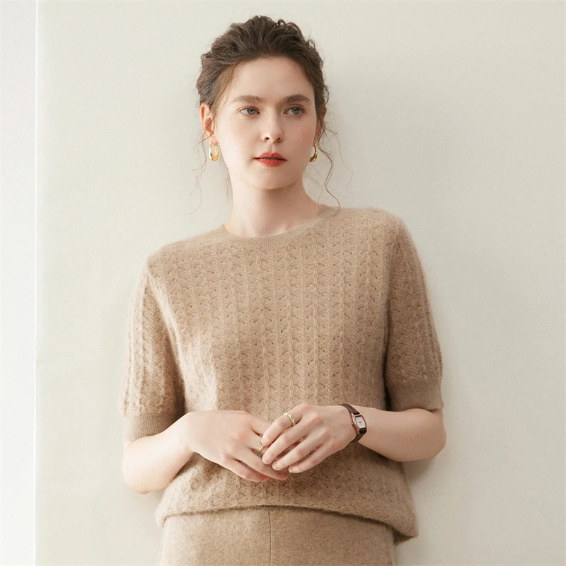 Female Cashmere Knit Top Spring Autumn Hollow Out O Neck Short Sleeve Pullover 100 Cashmere Sweater Jacquard Basic Simple Casual