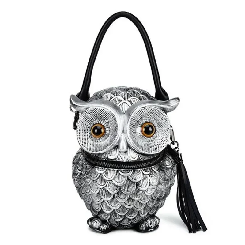 Yao Dong Leather 3D Simulated owl Animal fringe handbag Designer Shoulder Bag Bucket Bag Ladies Fashion Crossbody Bag Black Tote