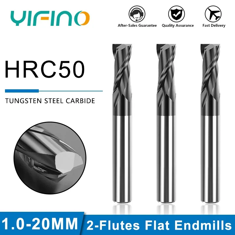 YIFINO HRC50 2-Flute Milling Cutter Tungsten Steel Carbide Nano Coating Flat End Mill For CNC Maching Center Endmills Tools