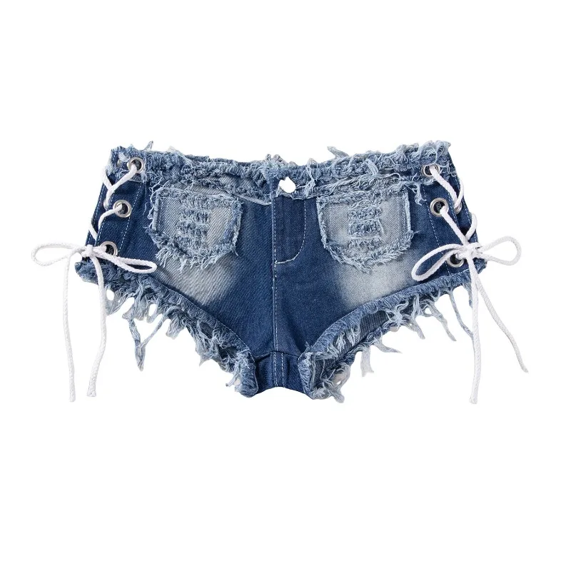 여성 여름 볼드 스파이스 걸 나이트클럽 사이드 컷아웃 레이스업 디스트레스드 프린지 로우라이즈 스키니 힙업 데님 핫팬츠