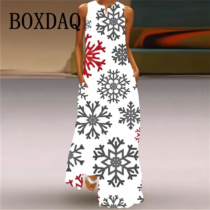 Winter Snowflake Print Women Dress Fashion Casual Christmas Party Evening Long Dress Sexy V-neck Sleeveless Tank Maxi Dress