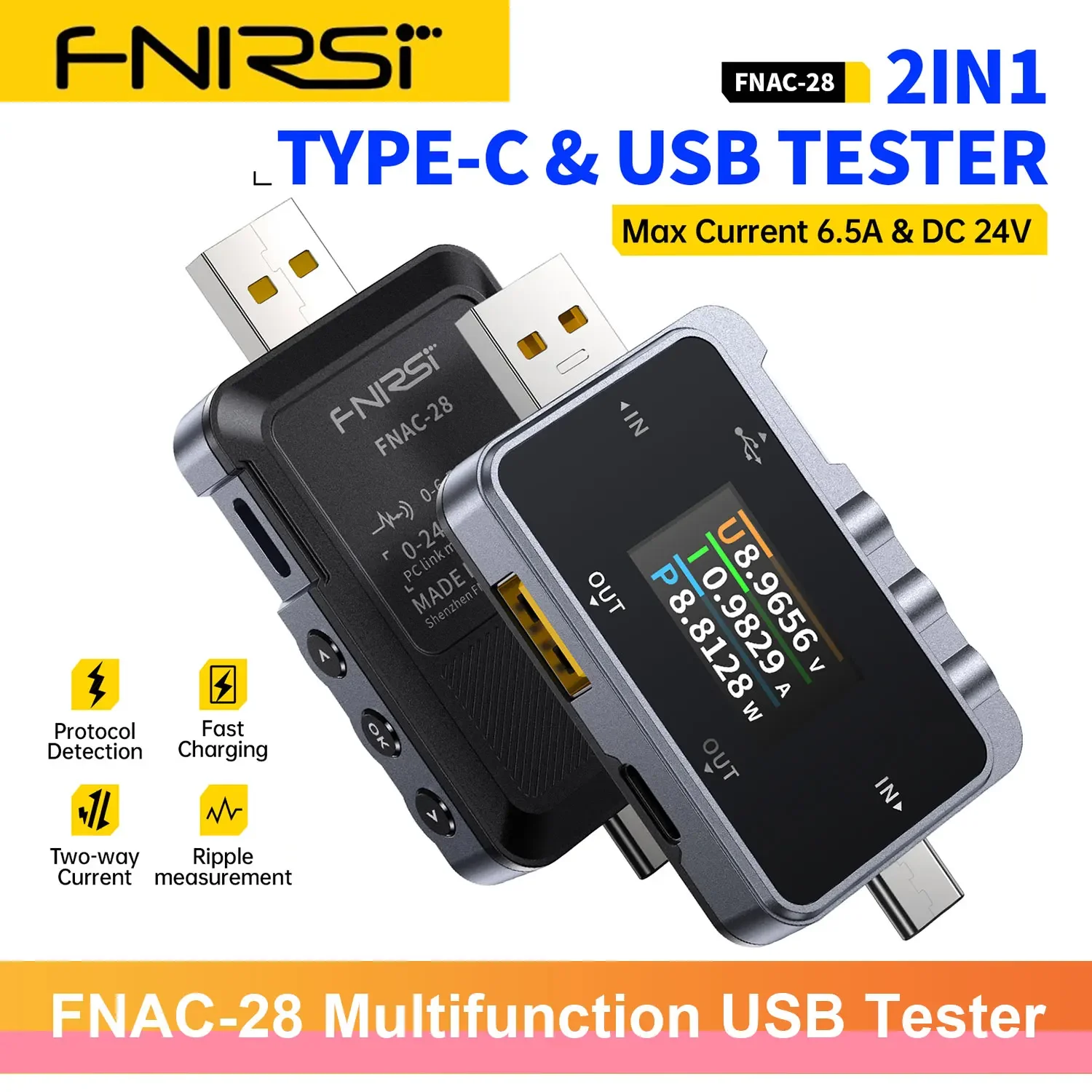 FNIRSI FNAC-28 2 IN 1 Type-C USB Tester Digital Voltmeter Ammeter Amperimetor Voltage Current Meter Power Bank Charger Measure