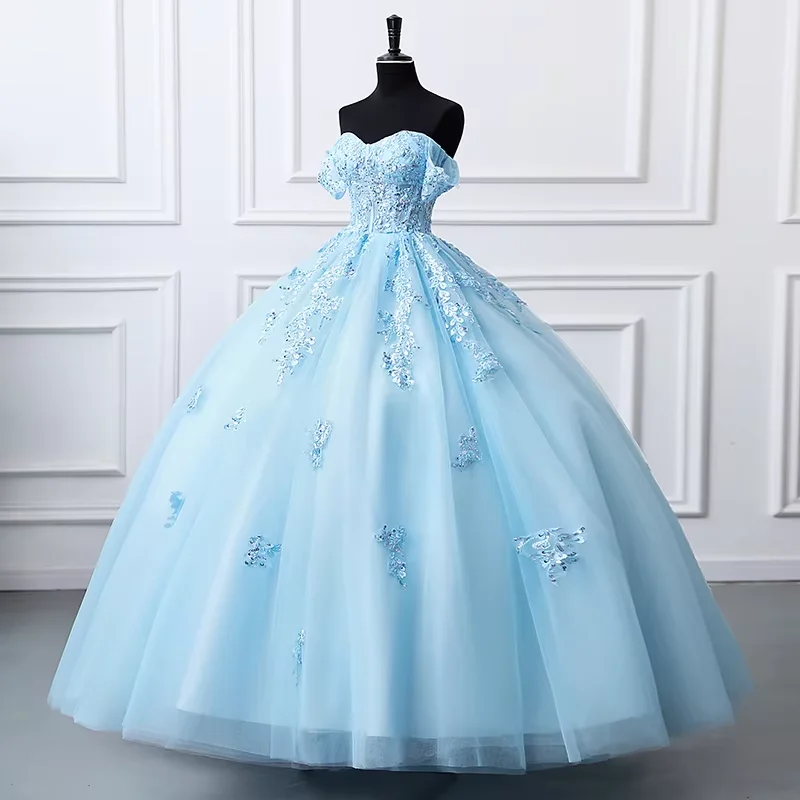 Luxury Glitter Light Blue15 Quinceanera Dresses Ball Gown Blue Party Gowns Elegant Off Shoulder Prom Customized