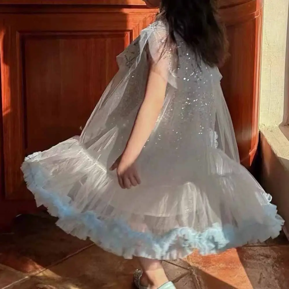 Fashion Sequin Girls Princess Dress Loose Teens Summer Dress Party Sweet Children Mesh Dress Summer