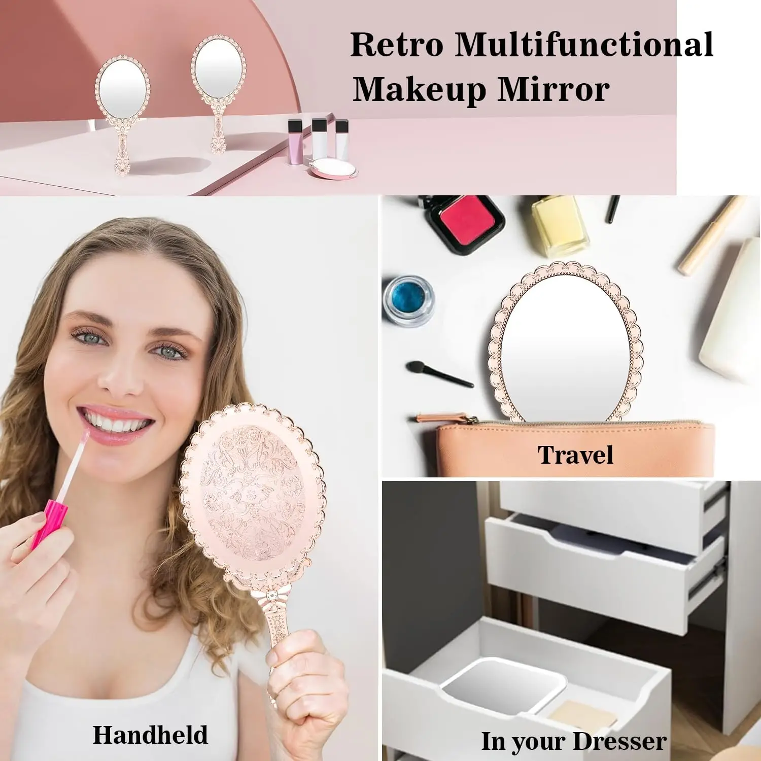 Miroirs à main vintage de voyage 2 pièces compactes portables de forme ovale, avec poignée pour le maquillage, la coiffure, accrochés comme décoration