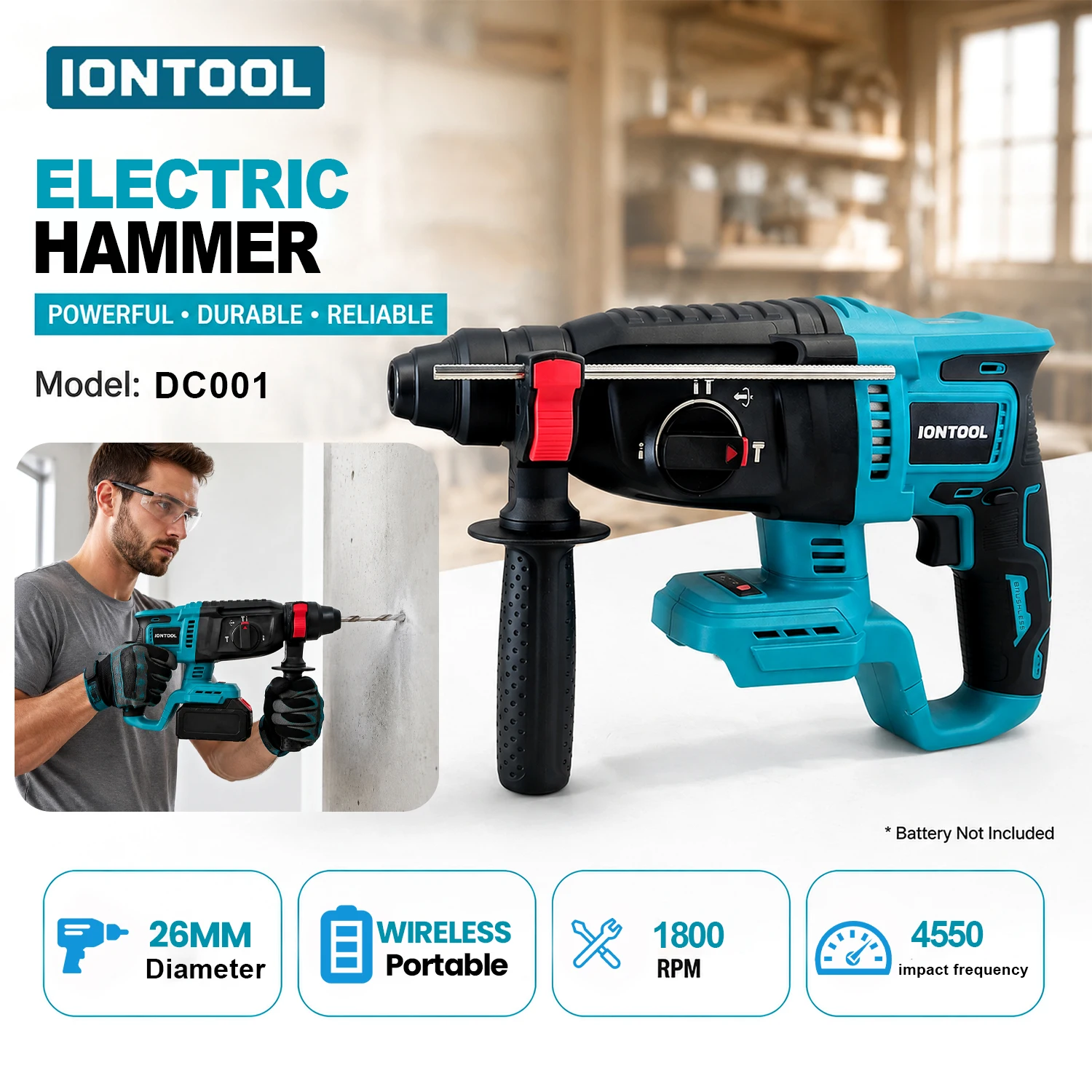 IONTOOL Rotary Hammer 26mm 4550BPM Powerful Efficient Brushless Cordless For 18V Battery Home Concrete Wall Drilling Tool