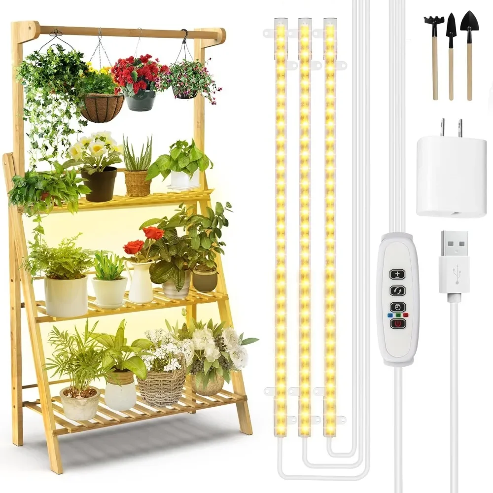 

Plant Stand with Grow Lights Indoor Corner - Bamboo Hanging Plant Shelf 3 Tier 12 Potted Tall Flower Planter Cabinet Pot Holder