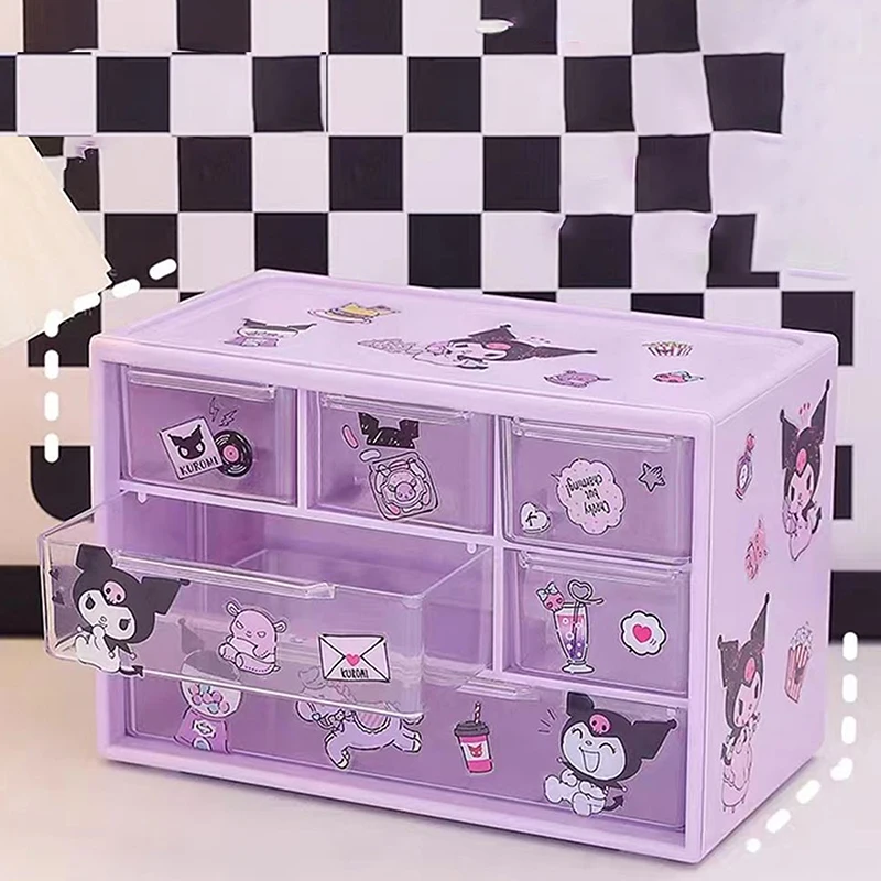 Sanrios Kuromi Multi-Layer 6 Palace Grid Storage Box Desktop Drawer-type Transparent Organizing Box Jewelry Shelf Send Stickers