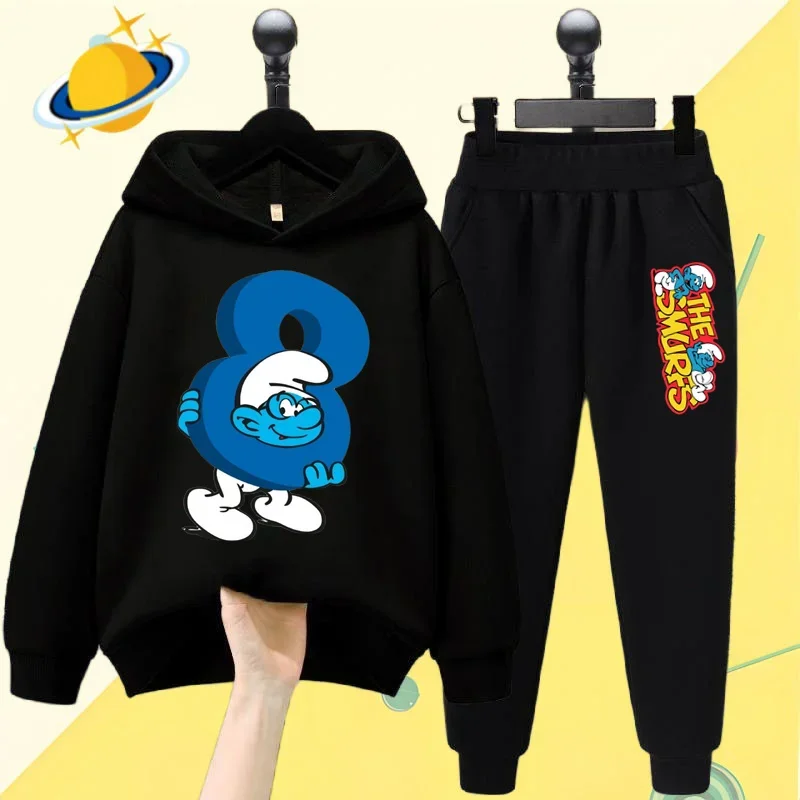 Smurf Smurfette anime children's hoodie set Cartoon print Autumn/Winter long sleeve sweatshirt Boy/Girl Kawaii casual top gift