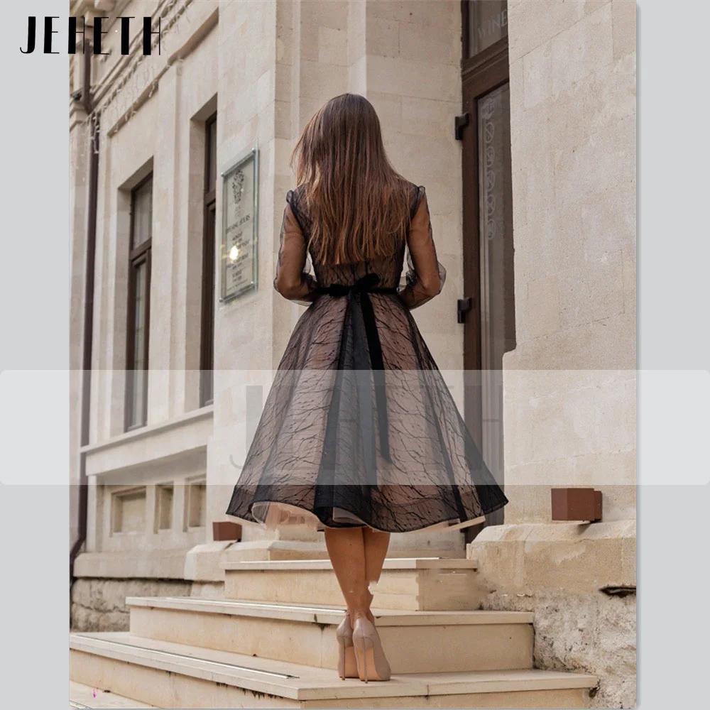 JEHETH Black Vintage Long Sleeves Tulle Prom Dress for Women Elegant V-Neck Bow A Line Evening Celebrity Party Gown Tea Length