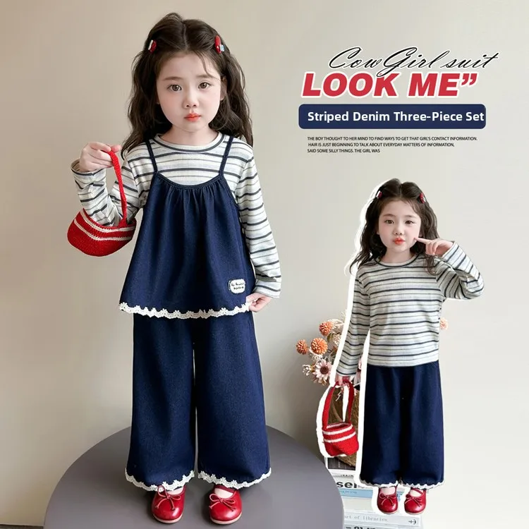 Korean Style Girls Jeans Set Autumn New Fashion Three-Piece Wide Leg Pants Baby Clothes Cute And Stylish Children's Outfit
