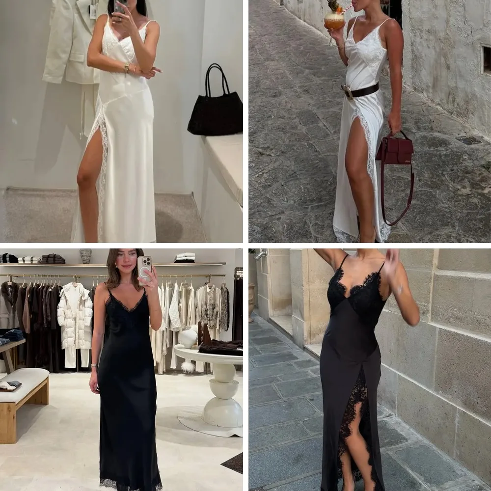 

Black Satin Evening Dress for Women, Off Shoulder Sleeveless Maxi Dress with Lace Trim & High Slit (Character Count: 78)