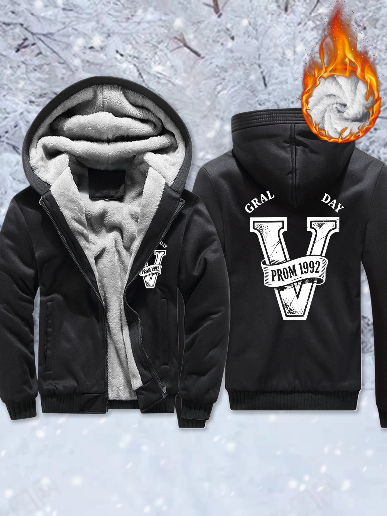 

Graduation Day Letter V Creative Print Man Fleece Basics Jackets Thicken Winter Coat Pocket Zip-Up Sportswear Warm Comfy Outwear