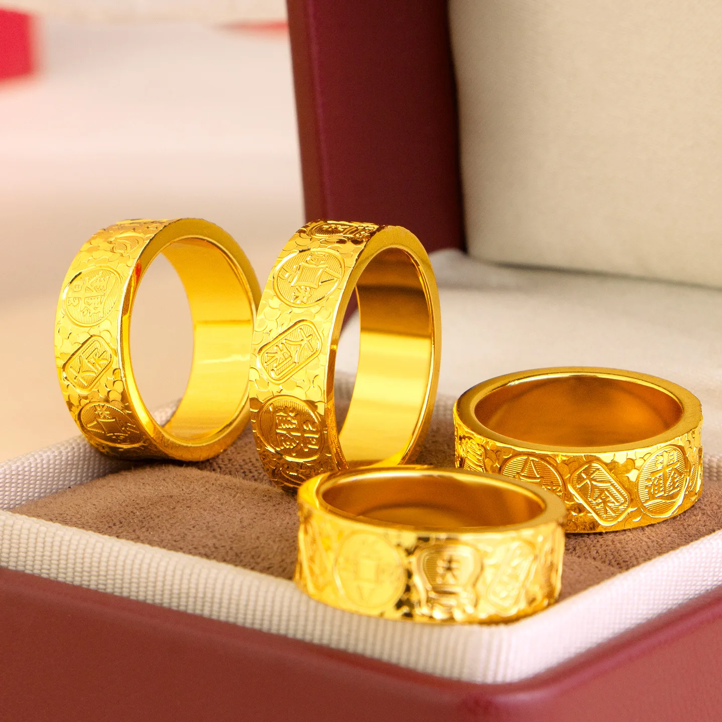 9999 24K real gold flashing auspicious words broken ice ring for women light luxury niche design closed index finger ring