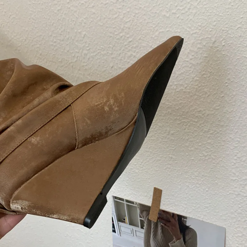 

2025 Новые модные женские сапоги до колена с острым носком и танкеткой. Женские современные женские длинные сапоги в стиле вестерн. Туфли-лодочки без шнуровки.