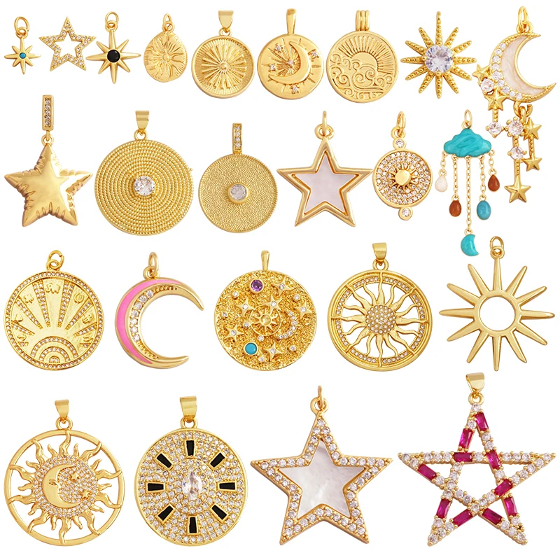 Shining Sun Star Moon Shell Charm Pendant,18K Plated Gold Inlaid Cubic Zirconia Jewelry Findings Necklace Bracelet Supplies L43