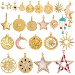 Shining Sun Star Moon Shell Charm Pendant,18K Plated Gold Inlaid Cubic Zirconia Jewelry Findings Necklace Bracelet Supplies L43