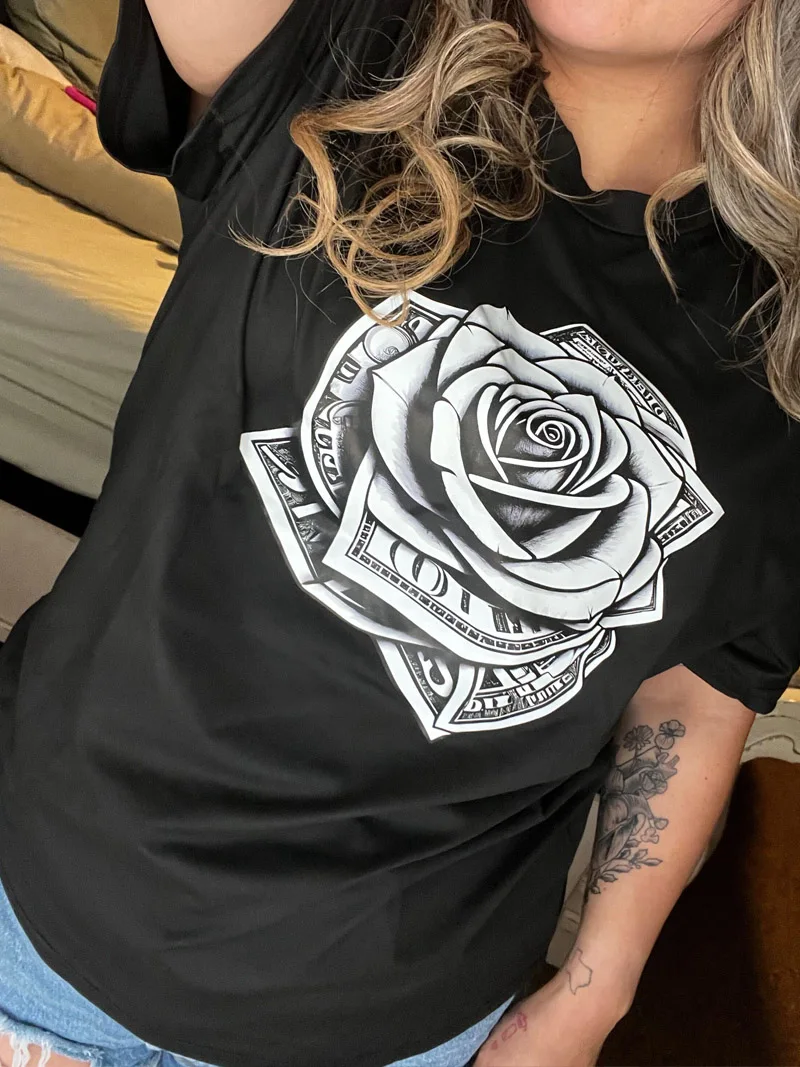 

Women Tshirt Oversized Simple Drop Shoulder 100 Cotton T-Shirt With Roses And Dollar Bills Printing men Top