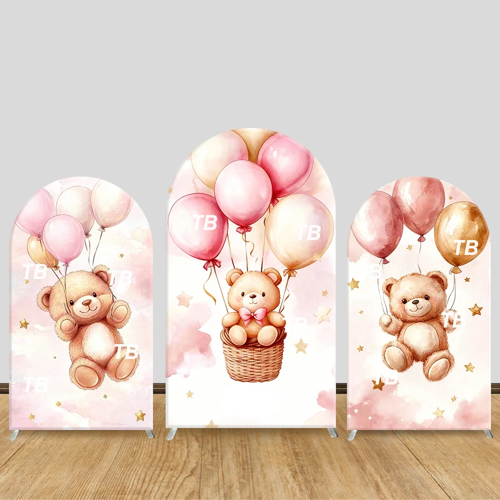 

Pink Teddy Bear & Balloon Arch Backdrop Cover Floral Theme Party Decor Photo Booth Background Baby Shower Supplies