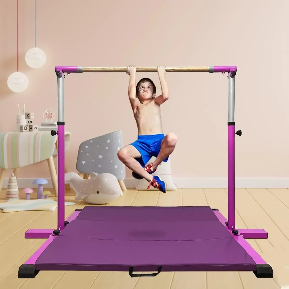 Gymnastic Kip Bar,Horizontal Bar for Kids Girls Junior,3' to 5' Adjustable Height,Home Gym Equipment,Ideal for Indoor and Home