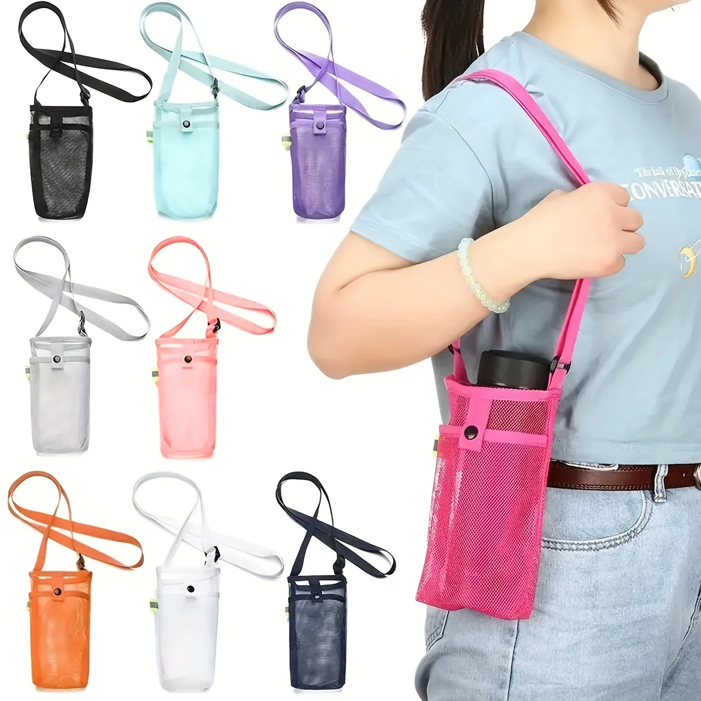 Bolso cruzado al aire libre, juego de tazas de almacenamiento, portador de botella de agua de malla, bolsa de almacenamiento portátil para teléfono móvil, bolsa de manga plegable