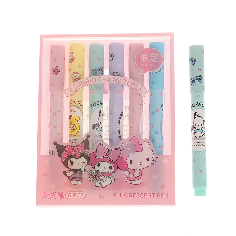 Sanrio Olá Kitty Highlighter Pen, Kawaii, Kuromi, Melodia, Arte Cinnamoroll, Marcadores Fluorescentes, Escola, Papelaria de Escritório, 1 Pc, 6Pcs